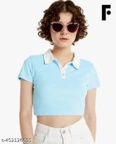 Cotton casual collared crop top, free size (36in bust, 26in length), trendy import