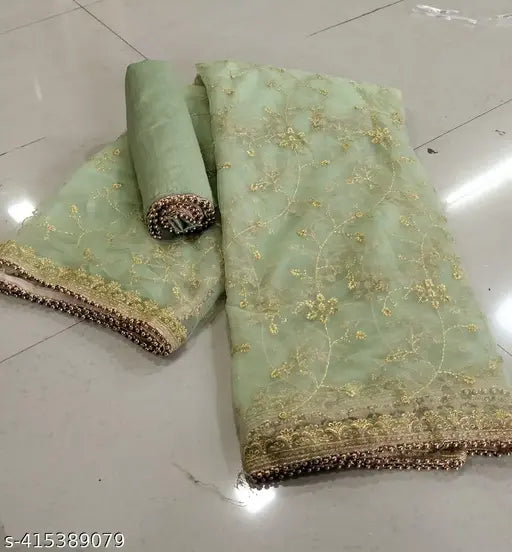 Gold net saree with all-over zari work and border, free size, 5.5m length
