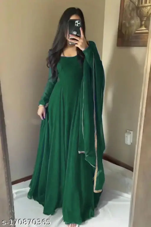 Fancy designer georgette gown, solid net, long sleeves. Full-length Georgette dress with crepe lining, includes 2m dupatta set. Indian bridal wear