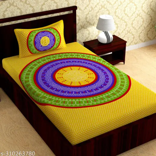 Yellow cotton ethnic motif flat sheet with matching pillow cover, ideal for summer, from eTape