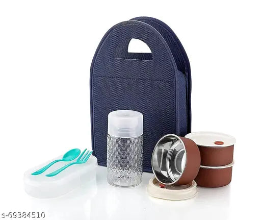 Stainless steel tiffin box set for office use, microoven safe, includes bag and 2 spoons