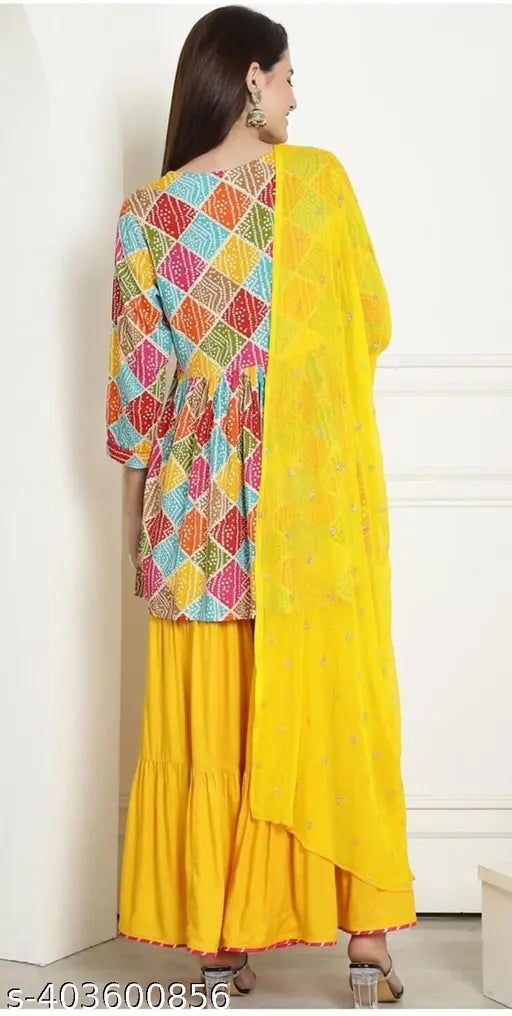Rayon Bandhani Print Kurta Set with Sharara & Dupatta, Indian ethnic wear in solid pattern with long sleeves and stitched net detail, available in sizes M, L, XL, XXL
