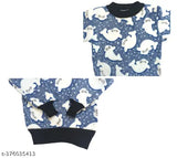 Blue acrylic knit sweater for kids with dolphin design, warm and stylish all-over print round neck sweater for both girl and boy