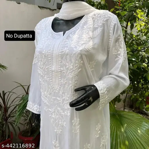 White rayon Chikankari printed kurta set with palazzo bottoms, three-quarter sleeves - Indian handwork for couples