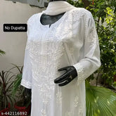 White rayon Chikankari printed kurta set with palazzo bottoms, three-quarter sleeves - Indian handwork for couples