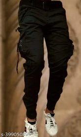 Black cotton blend cargo jeans by Flaying Men FJOK, size 28/30/32/34 for men's wear