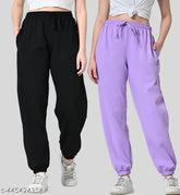 Black and lavender women's fleece jogger pant combo in cotton, ideal for winter. Soft, warm, elastic waistband, adjustable drawstring, two side pockets