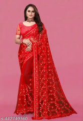 New Look New Styli Fancy Work Net Embroidered Saree - Indian handloom, free size (L=5.5m, B=0.9m)