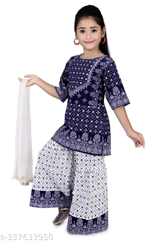 Rayon ethnic Kurta Sarara Sets with printed dupatta and three-quarter sleeves for girls (2-3 years - 9-10 years), Indian traditional fashion