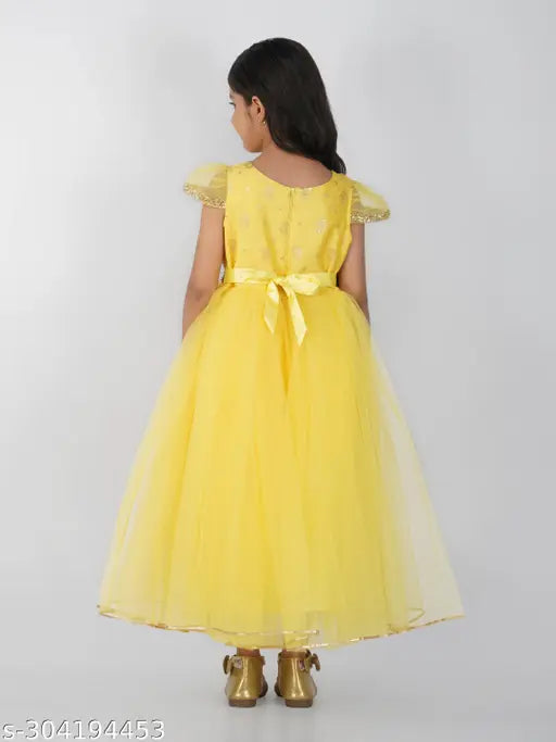 Yellow net party gown for kids, embellished balloon design, short sleeves, size 1-2 years