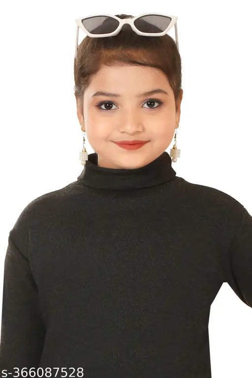 Black cotton blend highneck sweater for girls, solid pattern, suitable for cold climates and winter seasons