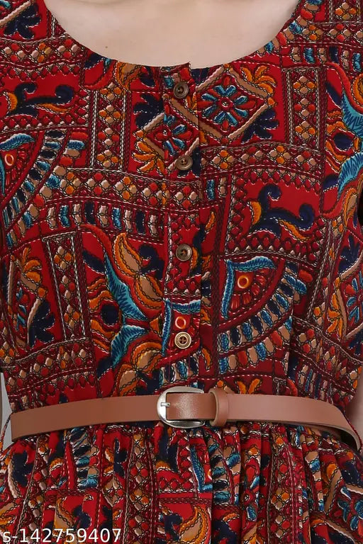 Crepe printed Anarkali kurti, short sleeved, Indian women's fashion in vibrant pattern