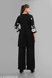 Black Bhavani Fashion Women's Rayon Printed Top & Palazzo Set, embroidered net, calf-length, side slits, suitable for parties or casual wear
