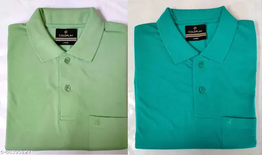 Green cotton blend slim-fit collar t-shirt with pocket, half sleeve and short sleeves, premium light weight, size L (Chest: 20in, Length: 27.5in), Made in India