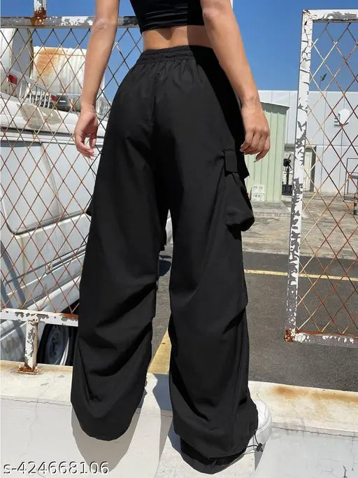 Black polyester women's high waist loose fit cargo trousers, ideal for casual outings and adventures