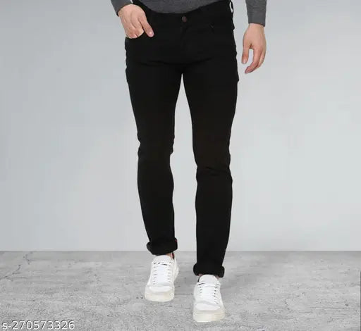 Stylish black polycotton jeans for men and boys with stretch, solid pattern, mid-rise, and zip fly. Black slim fit jean perfect for casual, party, or office wear