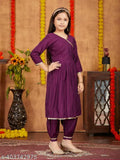Purple silk kurti patiala set with solid sequins and lace work, contemporary ethnic wear for girls aged 5-11 years