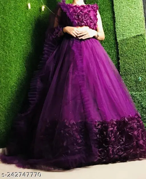 Women's flower lehenga set, net choli and dupatta with applique top and solid floral dupatta, semi-stitched Indian traditional wear for special occasions