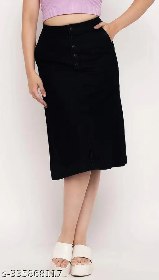 Black denim A-line long skirt, solid pattern, lightweight and breathable, suitable for all body types, women's denim midi-calf skirt, home washable, trendy design, available sizes: 26, 28, 30, 32, 34, 36, 38, 40, 42, 44, 46 (inches), Made in India