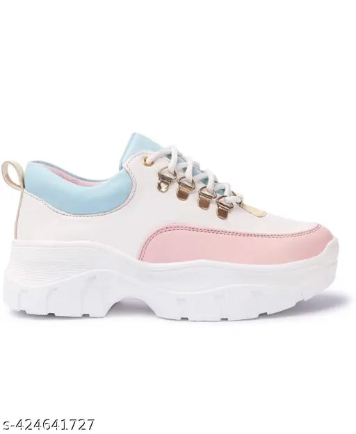White synthetic sneakers with rubber sole, lace-up fastening, and net back detail. Comfortable casual shoes for kids by Posewalk brand