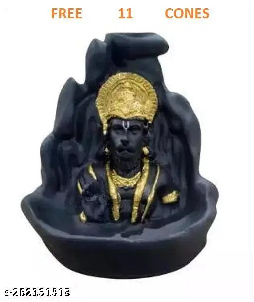 Black polyresin antique Hanuman Ji Smoke Backflow, adorned with 11 backflow cones - decorative Hindu idol for peace and strength