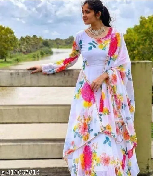 Pink Georgette gown, long sleeves, round neck, floral print for casual-formal or wedding wear. India origin