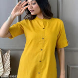 Women's yellow cotton kurta palazoo set with short sleeves, solid pattern, and matching pants. Single size available