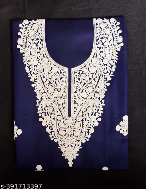 Embroidered navy blue Kashmiri wool kurti for women, suitable for every occasion, free size, Aari work, embroidery on neck and front, India origin