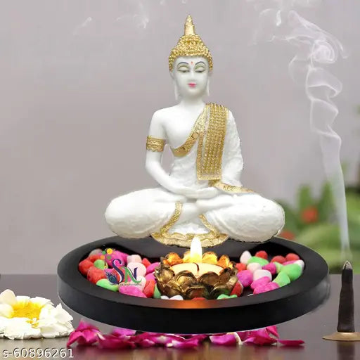 White resin Sitting Buddha Idol with wooden flowers, tealight candle holder and wooden tray for living room decor, 8" x 8" x 8