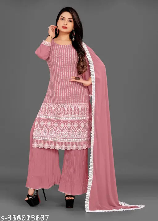 Embroidered Georgette Kurta sharara and dupatta set with palazzo bottomwear, three-quarter sleeves for festive or party wear (S-XXXL sizes available, Made in India)