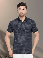 White cotton Gents 2 Button Abstract Printed Half Sleeve T-Shirt on mannequin, Summer style menswear for parties and casual events