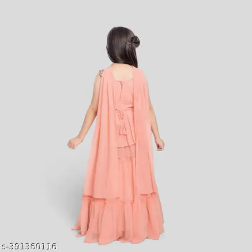 Sequins and thread work partywear lehenga choli for girls in georgette fabric, embroidered and ruffled design, sleeveless, Indian party wear on display stand