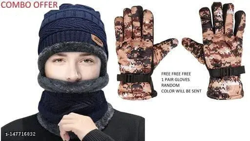 Woolen winter cap set with neck warmer & gloves, warm woolen balaclava cap for cold weather (color varies)