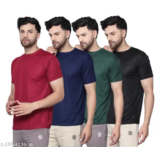 Black, navy blue, bottle green, maroon Garmin men's Drifit active t-shirts combo: premium polyester round neck tees with short sleeves