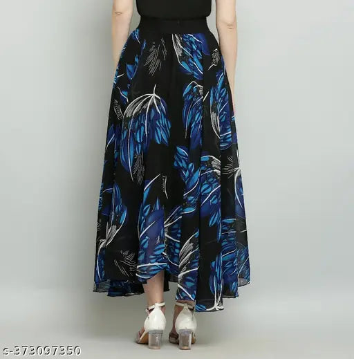 Black Georgette skirt with blue print pattern, long length for women's fashion