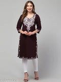 Wine-colored, embroidered woollen work kurta for women. Three-quarter sleeve, straight shape with a calf-length, straight hem. Multicolor, attractive and gorgeous look. Made in India." (125 characters)