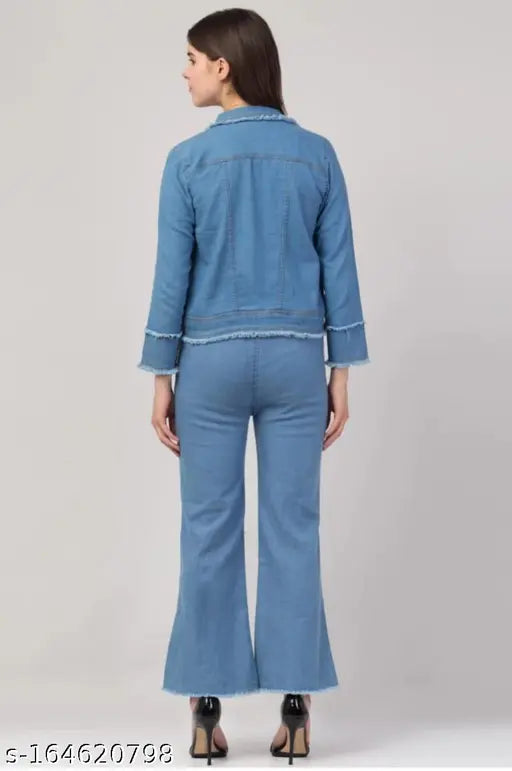 Women's solid denim jacket and jeans, long-sleeved casual wear in S, M, L originating from India