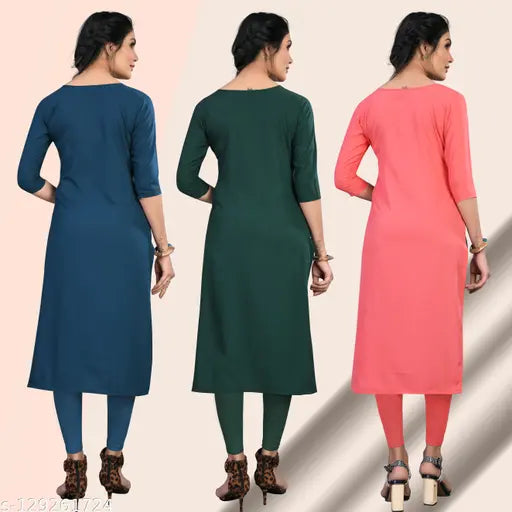 American Crepe straight kurta combo pack of 3 printed kurtis for women, size S-XXL. Straight cut, cap sleeves, and front side print. Made in India