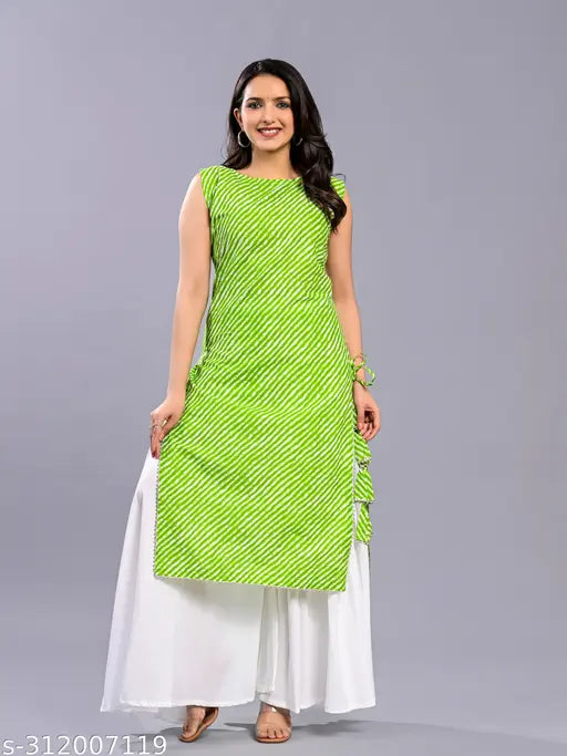 Stitched green Lehriya Kurti with white Palazzo - Cotton ethnic women's designer outfit, printed net, sleeveless, paired with bell-shaped flowers and Gotta Patti work