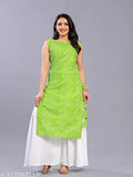 Stitched green Lehriya Kurti with white Palazzo - Cotton ethnic women's designer outfit, printed net, sleeveless, paired with bell-shaped flowers and Gotta Patti work