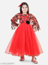 Red net embellished party gown for kids, full length with long sleeves, India origin