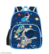 Blue polyester school backpack with space fish design, ideal for students Class 1-8 with pencil pocket and spacious interior