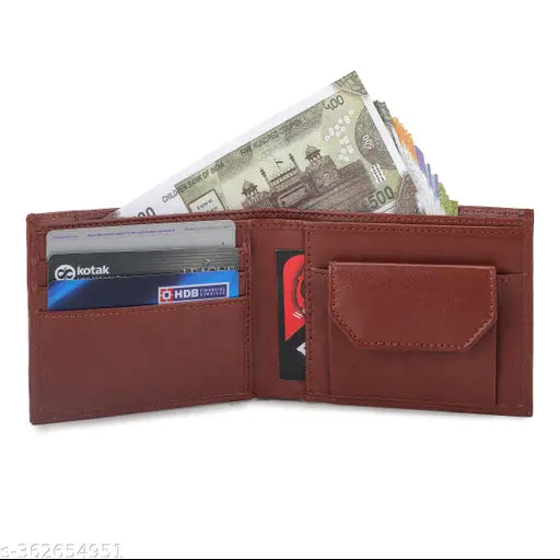 TAQWA Tan Album Wallet For Men (8 Card Slots): Solid PU leather men's wallet with bi-fold closure and additional features including textured body, 3 card slots, 2 hidden pockets, 2 cash compartments, and a coin pouch. High-quality artificial leather provides durability and a natural feel, making it an ideal choice for formal, casual, travel, or party occasions. Lightweight and compact design allows easy portability. Made in India