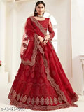 Red net traditional lehenga choli with embroidered chain work, suitable for Indian weddings or festivals