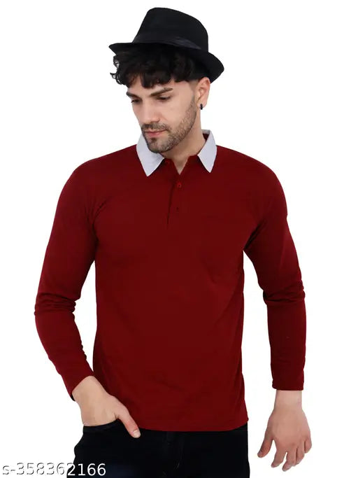 Navy blue multi-color contrast collar cotton blend full sleeve men's t-shirt (2pcs M2XL), high-quality fabric, machine washable, made in India