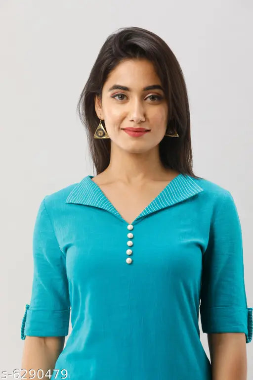 Teal Blue Embroidered Collar Asymmetrical Hem Kurti - High-quality Cotton Slub women's clothing from India