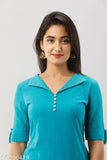 Teal Blue Embroidered Collar Asymmetrical Hem Kurti - High-quality Cotton Slub women's clothing from India