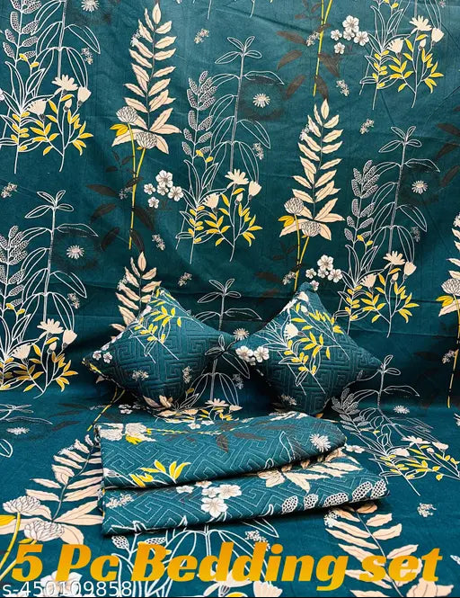 Green glace cotton superfine flat sheets set, 5-piece with botanical pattern, breathable, stain resistant, wrinkle-free. Ideal for summer, adult bedroom. King size bedsheet, 2 pillow covers, and 2 cushion covers with embroidery
