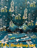 Green glace cotton superfine flat sheets set, 5-piece with botanical pattern, breathable, stain resistant, wrinkle-free. Ideal for summer, adult bedroom. King size bedsheet, 2 pillow covers, and 2 cushion covers with embroidery