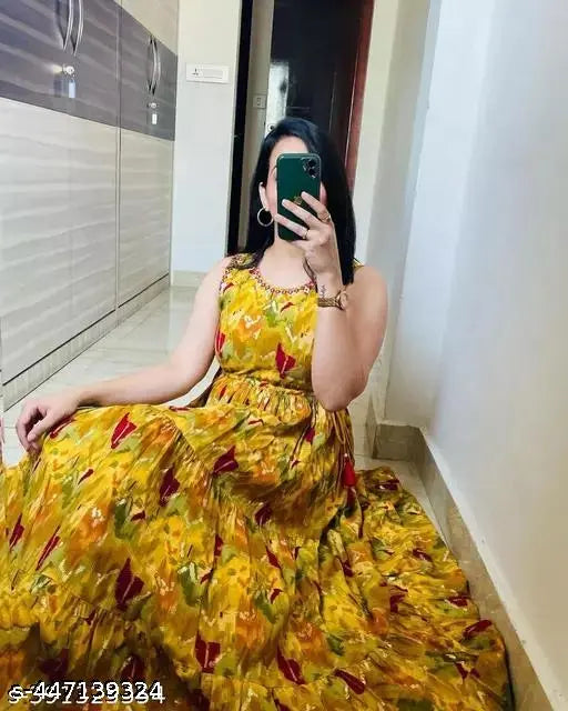 Women's cotton Jaipuri printed floral sleeveless gown cum kurti, vibrant floral pattern on net fabric for Indian fashion, size S-XXL